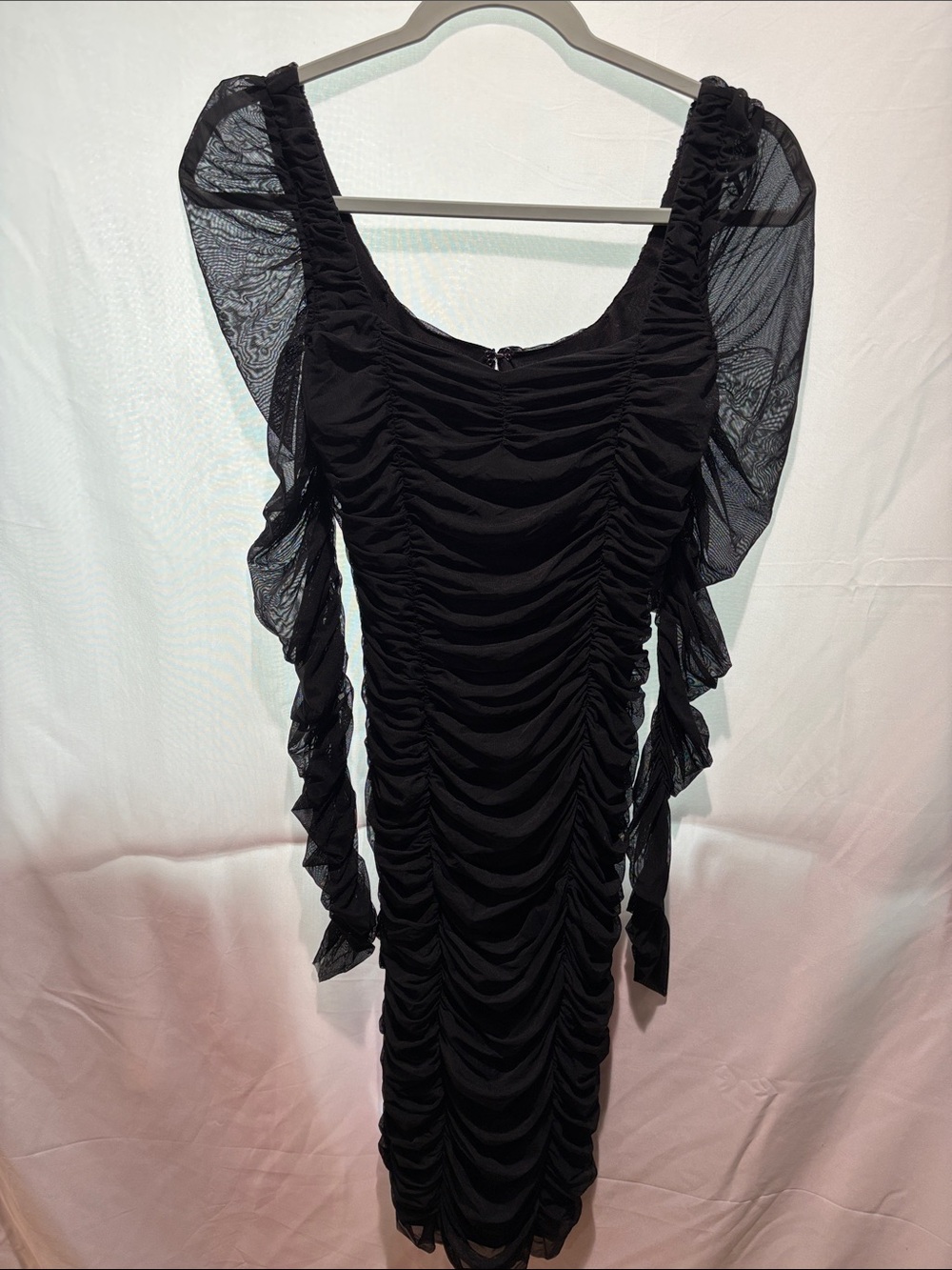 Fashion Nova Black Ruched Mesh-Sleeve Midi Dress